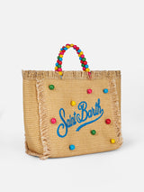 Borsa Colette in paglia beige naturale con decorazione di perline di legno